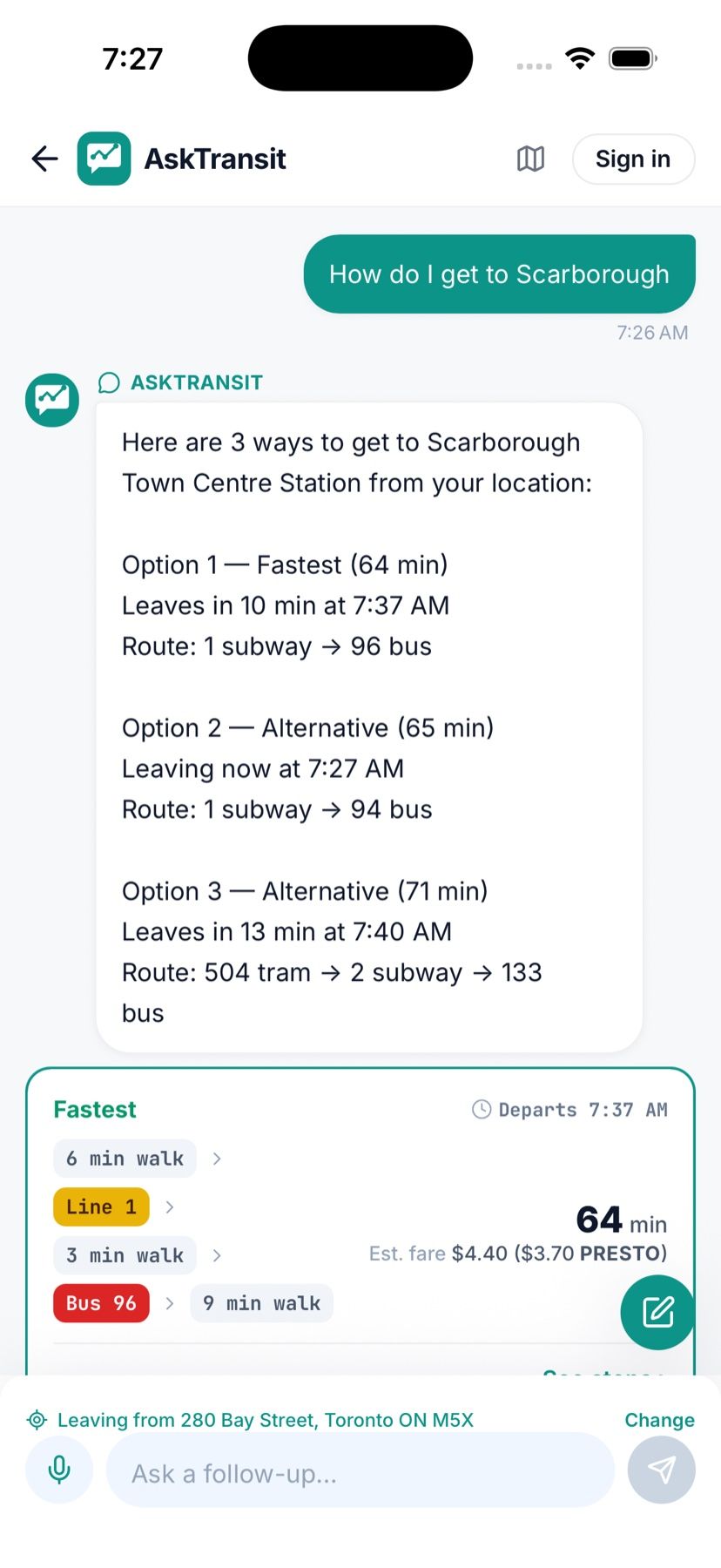 Chat reply listing three route options to Scarborough with times, transfers and fare