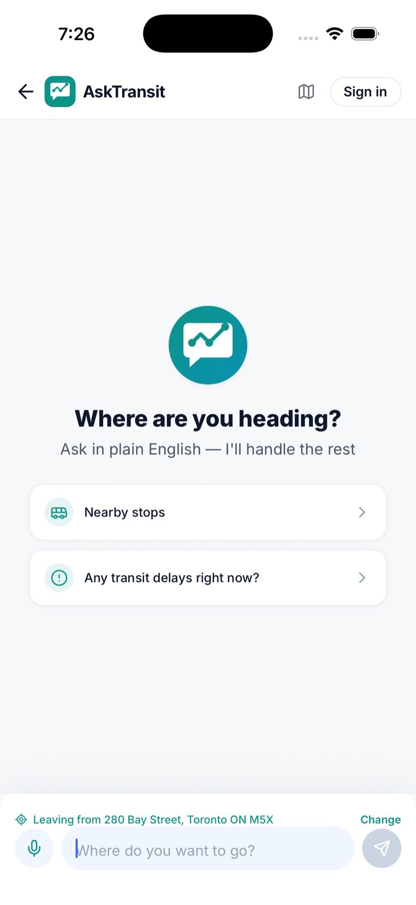 Chat screen asking Where are you heading, with suggestion chips