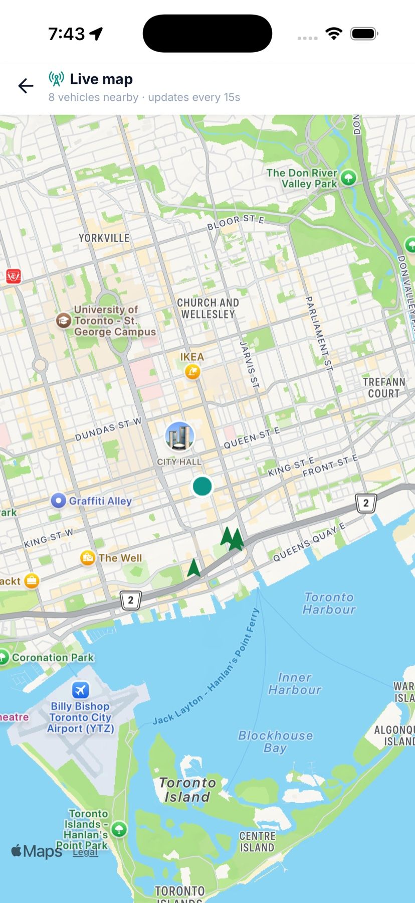 Live map of downtown Toronto with vehicle arrows
