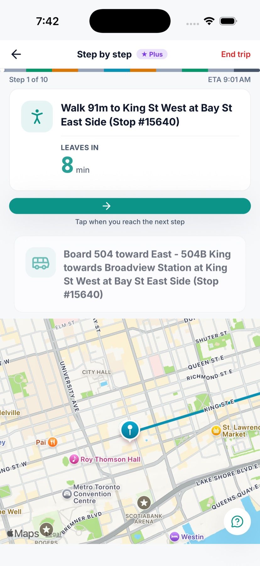 Step-by-step navigation with a walking step, countdown and map