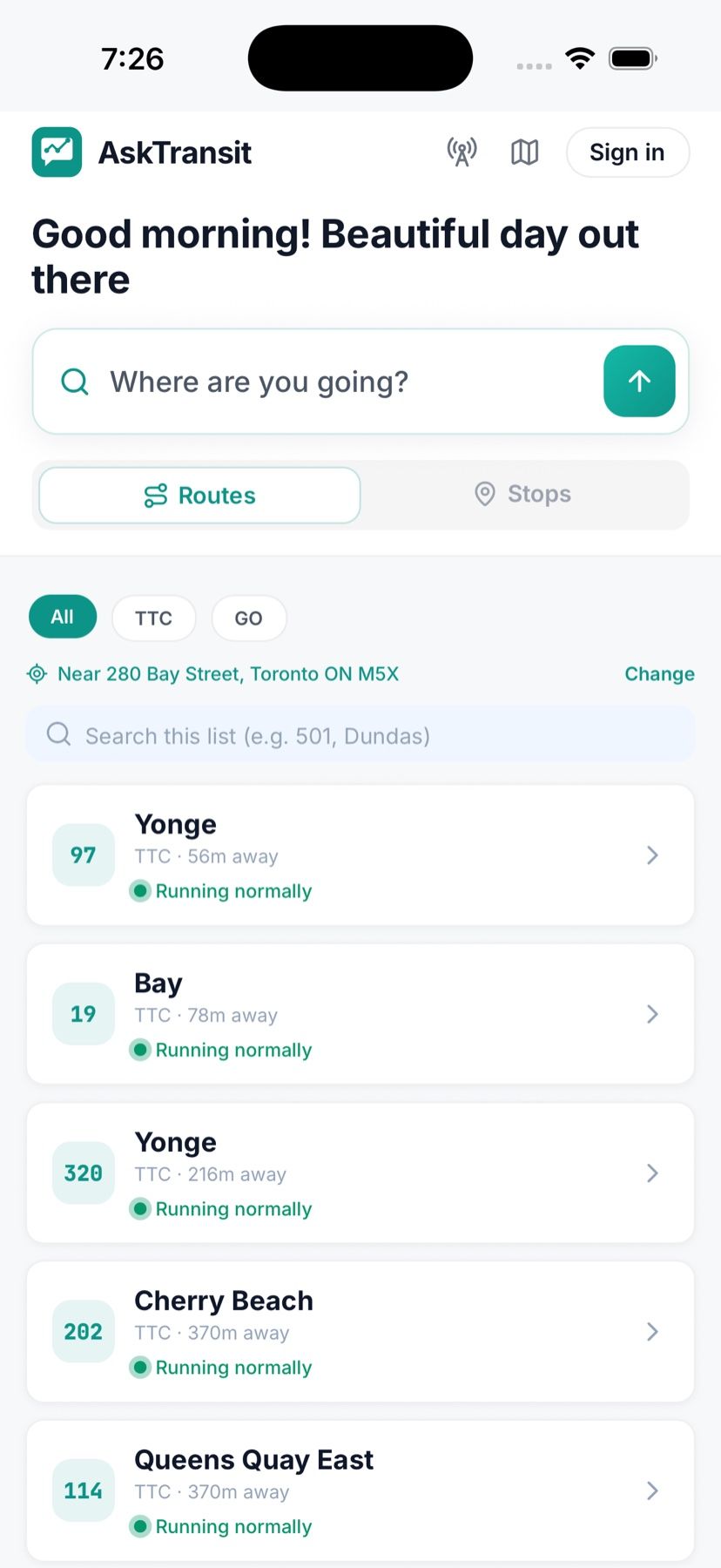 Nearby board listing TTC routes 97, 19, 320, 202 and 114 with distances and running status